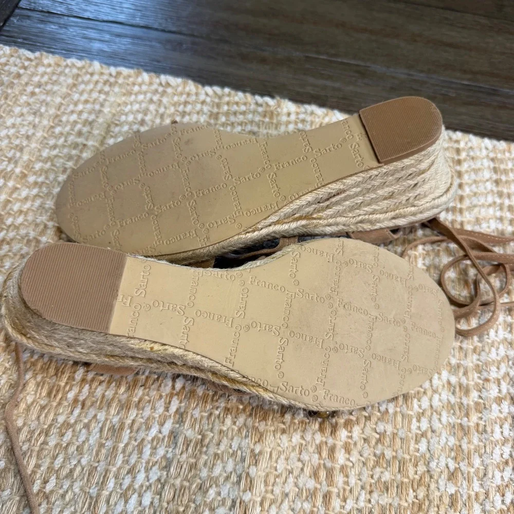 Franco Sarto Herbal Tan Leather Beaded Espadrille Wedge Sandals Womens 9M